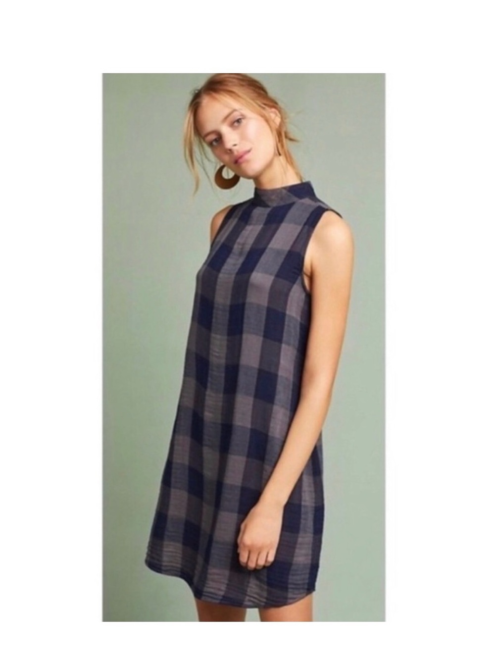 Anthropologie Navy and Gray Plaid Sleeveless Mini Dress NWT